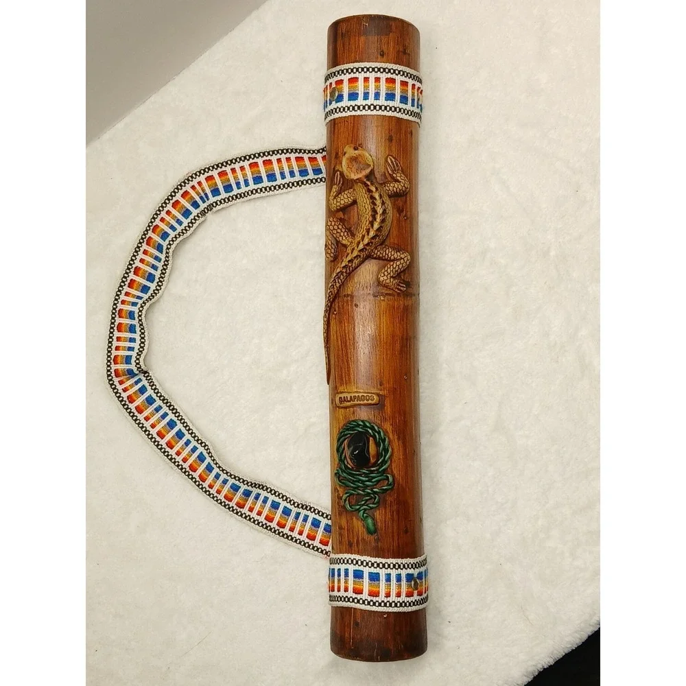 Vintage Hand Carved Bamboo‎ Galapagos Lizard Rainstick Shaker Woven Strap